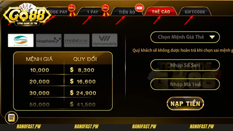Nạp Tiền Go88 - Khám Phá Các Bước Nạp Tiền Nhanh Chóng Nhất 2 Nạp tiền Go88 thông qua thẻ cào điện thoại